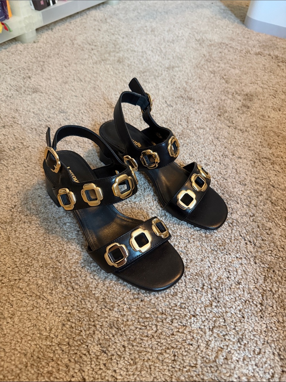 black leather Larroudé Milan block heel sandals featuring gold detail NEW